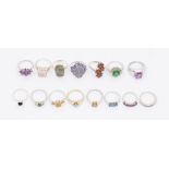 A collection of Gemporia silver and gem set rings to include a Zambian amethyst cluster with