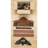 Box containing Vienna clock finials and long case clock columns, assorted (Q)