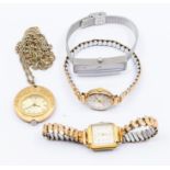 A 9ct gold cased ladies Avia watch, round silvered dial, applied gold tone baton markers, case