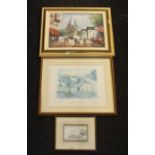 A collection of paintings including an oil on canvas, Paris scene, watercolour, coastal scene and