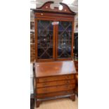 Edwardian bureau bookcase with shell inlay, Georgian in style with two glazed bookshelf doors, on