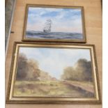 Digby Page paintings x2, one countryside scene and one is of a ship