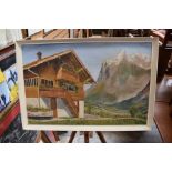 A 1960s oil on board depicting a Swiss Chalet, signed P Adams together with G Bartle watercolour,