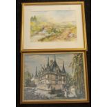20th Century signed watercolour of a country scene along with a 20th Century tapestry of a Chateau