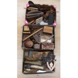 A collection of treen items including loving spoons, picture frames, icons, boxes, pots, clothes