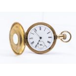 A 14ct gold half hunter pocket watch, white enamel dial with subsidiary dial, approx. 34mm, the case
