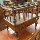 19th Century Canterbury rose mahogany and walnut single drawer unit with gallery top on castors,
