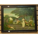 An oil on canvas, a 19th Century lady in country garden scene, signed R Varde, 43 x 58 cms approx