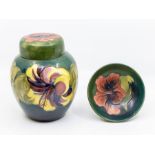Mid 20th C Moorcroft Ginger Jar - Green Ground signed to base along with matching dish, dish does