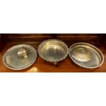 A collection of plated items to include two serving trays, two dishes and a miniature coal