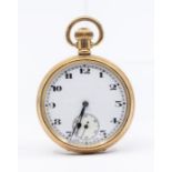 A Swiss made gold plated open faced pocket watch, white enamel dial with number markers,