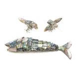 A collection of modern figures mother of pearl fish, parrot and bird