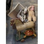 Toys - a pull-along wooden horse; Armand Marseille doll; wooden horse puppet; tin-plate Mobo toy