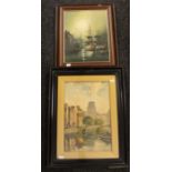 Two paintings; L Burleigh Bruhl and one of Whitby Harbour by Hilton