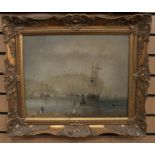 20th Century oil on canvas, with coastal scene, gilt frame
