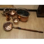 An assortment of copperware including three 19th Century copper kettles, Smedleys Hydro Matlock