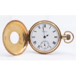 ****AUCTIONEER TO ANNOUNCE 9CT GOLD**** A Waltham U.S.A, half hunter pocket watch; white enamel