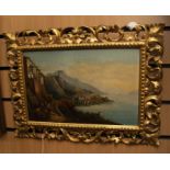 19th Century oil on board, Italian School, village next to lake, 21 x 32 cms approx, in carved