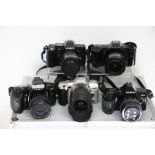 A collection of six DSLR cameras to include brands Minolta and Pentax, in flight case Featuring: