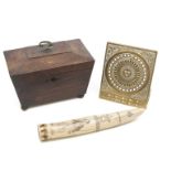 A Regency sarcophagus tea caddy; together with a resin 'scrimshaw'; and a brass desk calendar (3)