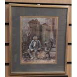 Derbyshire interest; Michael Crawley interest; countryman seated, 17 x 22 cms approx
