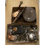 A collection of plated items including early 20th Century tea sets, table coasters, pewter, brass,