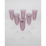 Six etched ruby glass champagne flutes