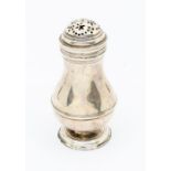 A George II silver pear shaped caster, pierces detachable cover, plain body with lower rib with