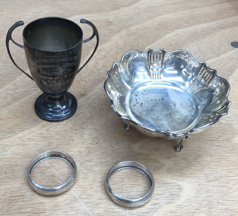 Items of silver comprising:- a small two handled trophy awarded for the 'Derbyshire Association of