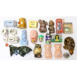 A collection of assorted vintage money boxes, including Festival of Britain 1951, Buttons, and