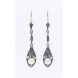 A pair of sapphire and pearl silver gilt  drop earrings, compromising a large marquise shaped drop