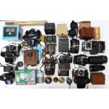 A collection of assorted cameras to include: Lancaster plate camera, possibly quarter-plate,
