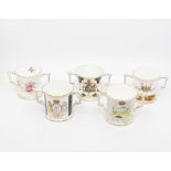 Collection of five boxed commemorative Royal Crown Derby loving cups