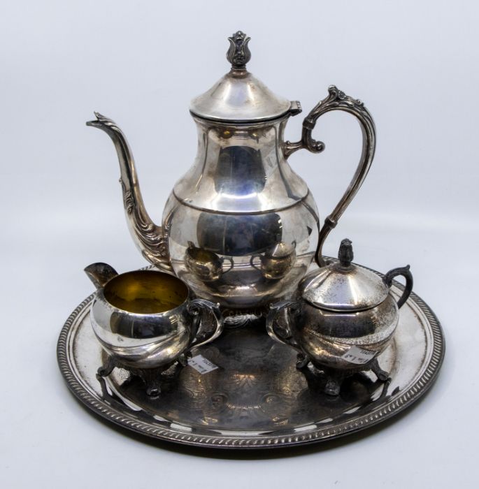 Plated tea service, with tray, along with boxed chrome set of knives, forks and servers