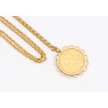 A Edward VII Sovereign pendant dated 1903, mounted in a fancy 9ct gold on a 9ct gold chain, length