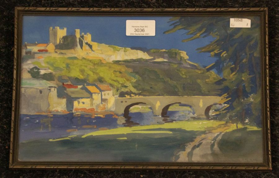 A 20th century watercolour, castle, bridge and river scene, indistinctly signed, dated 1924,