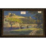 A 20th century watercolour, castle, bridge and river scene, indistinctly signed, dated 1924,