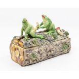 Josea Cunhan of Portugal ceramic lidded pot with two frogs trying on boots