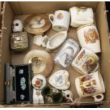 A collection of early 20th Century commemorative mugs, paperweights, Goss wares, marble pictures