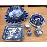 A collection of blue and white ceramics, to include:- a Minton serving plater; a Wedgwood Willow
