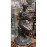 A 19th Century style bronzed spelter figure of a Nymph seated on a plinth plucking petals, signed