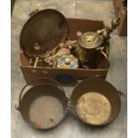 Collection of brass wares including fire dogs, large Stein, Indian platters etc