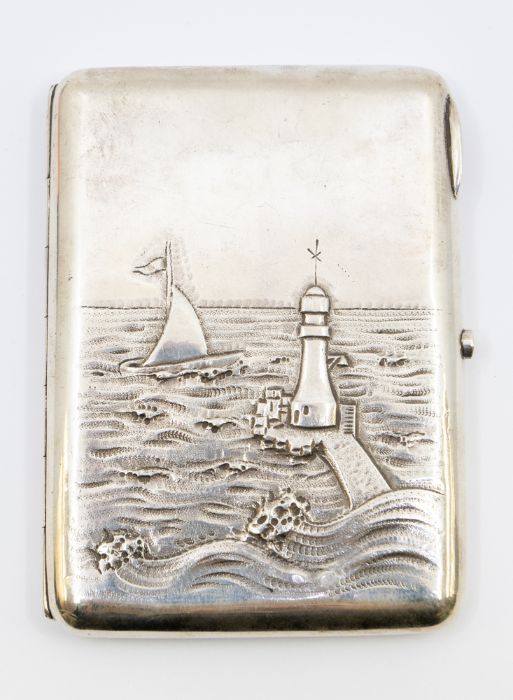 A 20th Century Russian silver 84 Standard cigarette case, the cover chased and engraved with yacht