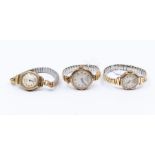 Three 9ct gold cased ladies vintage wristwatches including Bentima and Ancre, all on later plated
