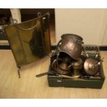 A collection of brass and copper to include: firescreen; coal skuttle, kettle, trivets, pans, trays,