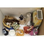 A collection of ceramic items to include four lady figurines, Royal Crown Derby plates, a small