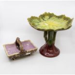 Bretby comport with leaf shaped top plus a majolica handled bowl modelled as a tree trunk
