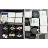 A box of gents wristwatches, all boxed, brand new including Swiss Denacci and Claude Valentini