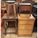 An antique pine 20th Century chest of 3 drawers along with a 1940s hall table, a reproduction oak