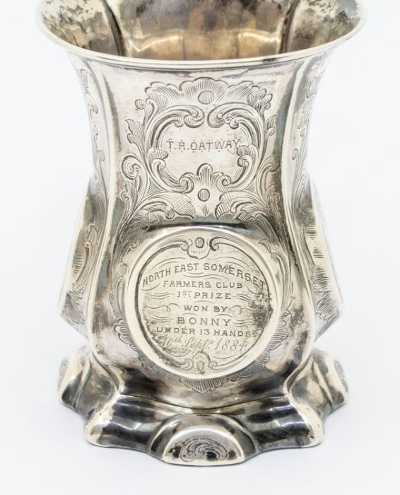 A Victorian silver baluster mug, engraved decoration and central roundels, with later presentation - Image 3 of 3